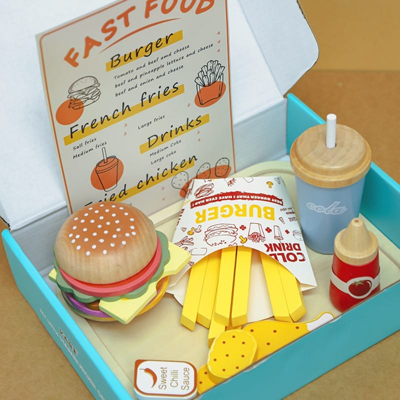 Wooden toy fast food set: burger, fries, drink, ketchup. Play food.