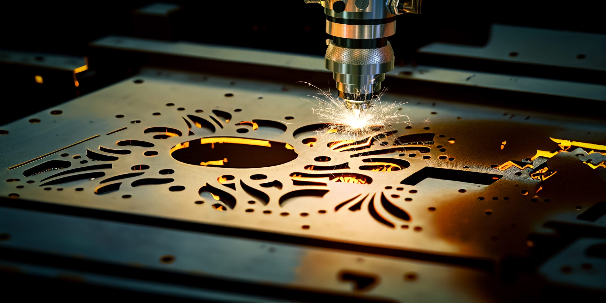 Laser cutting intricate metal design, sparks flying. Metal fabrication process.